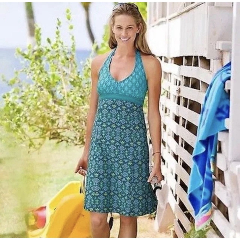 Athleta Pack Anywhere Halter Dress Womens 10 Petite Blue Geometric Print Travel
